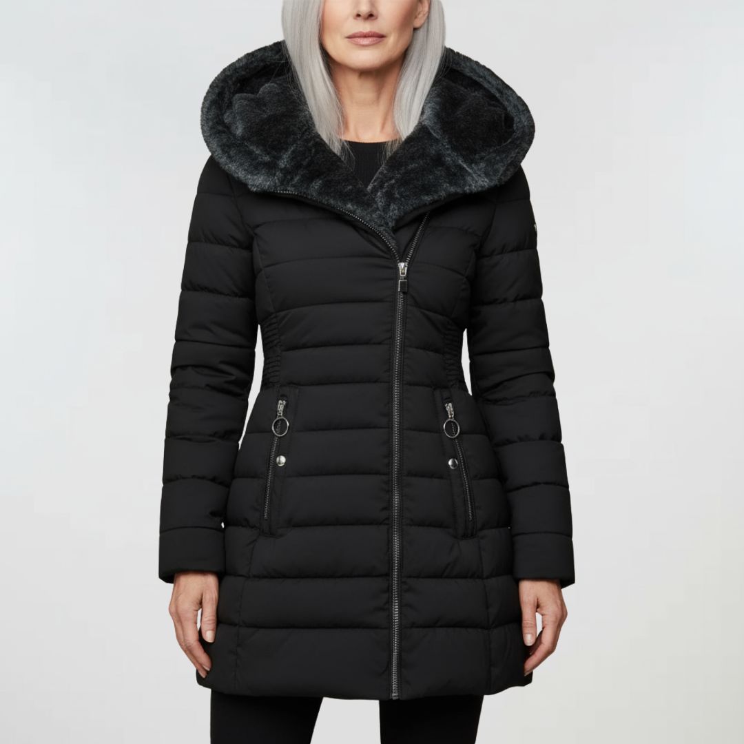 Black puffer coat with fur-lined hood on a white background