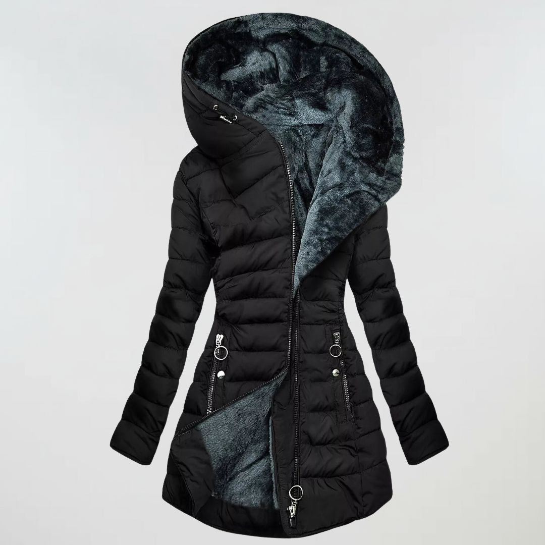 Black puffer jacket with gray fur lining on a light gray background
