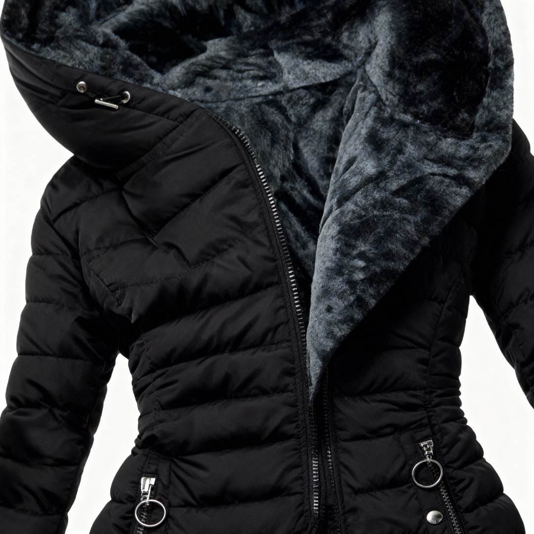 Black puffer jacket with gray fur lining on a white background