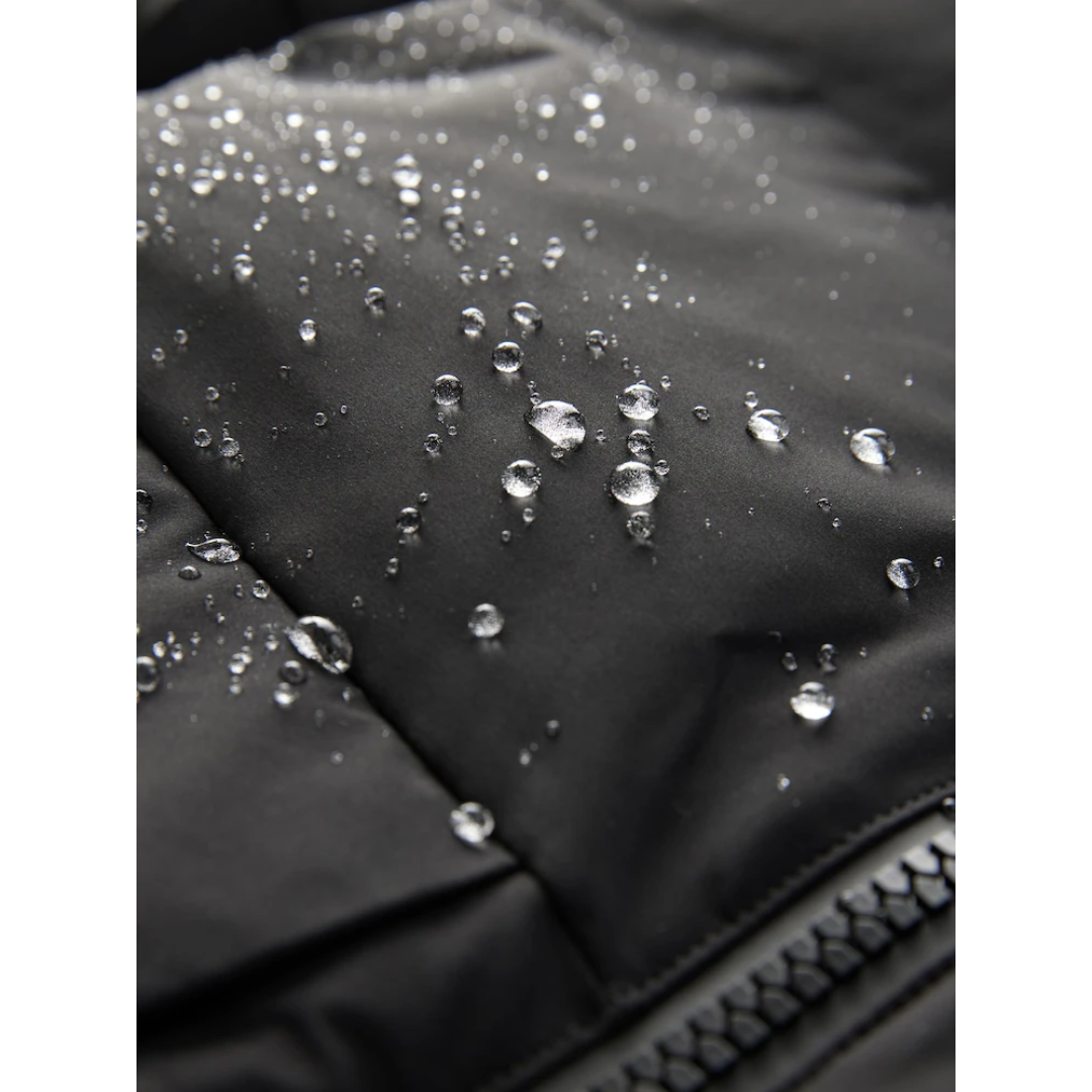Close-up of a black jacket with water droplets on the fabric