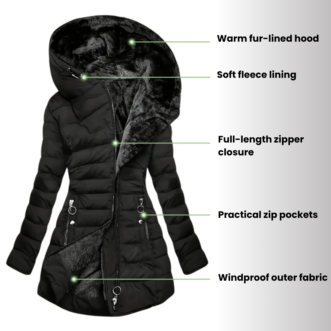 Black puffer jacket with features highlighted on a white background