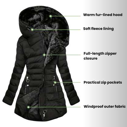 Black puffer jacket with features highlighted on a white background