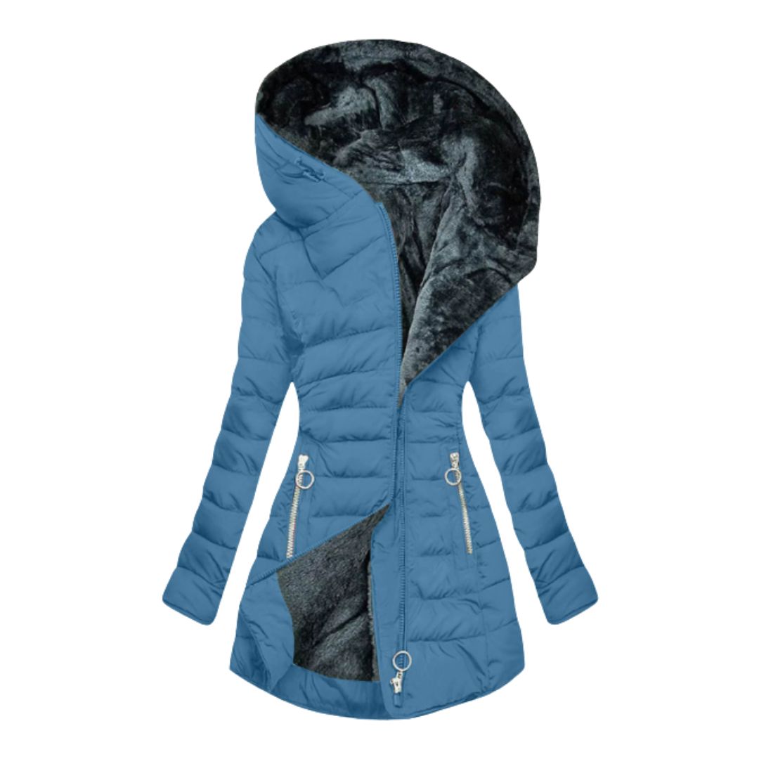 Blue puffer jacket with black fur lining on a white background