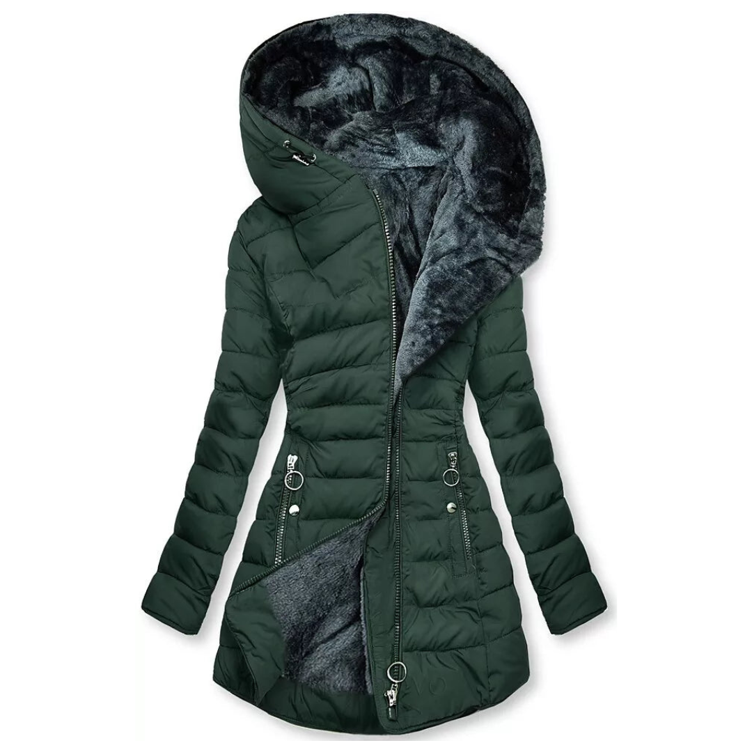 Green puffer jacket with fur-lined hood on a white background