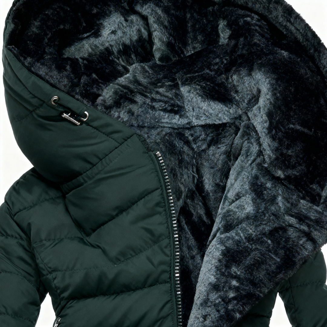 Green puffer jacket with fur lining on a white background