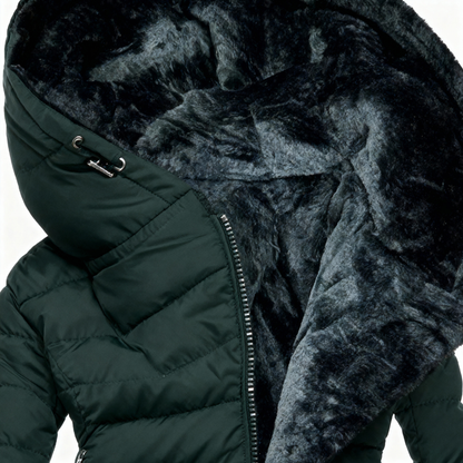 Green puffer jacket with fur lining on a white background