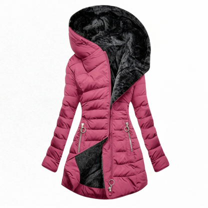 Pink puffer jacket with black interior on a white background