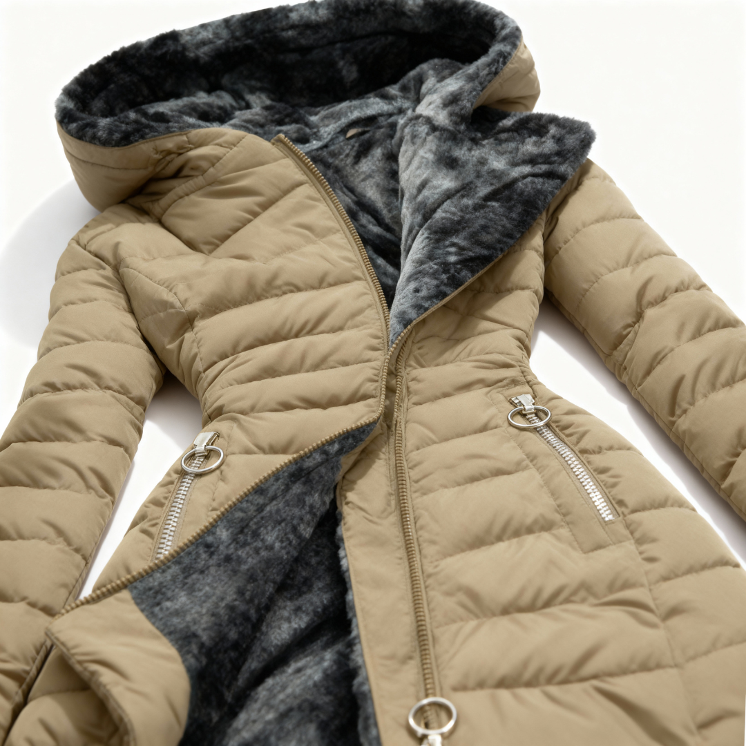 Beige quilted jacket with gray fur lining on a white background