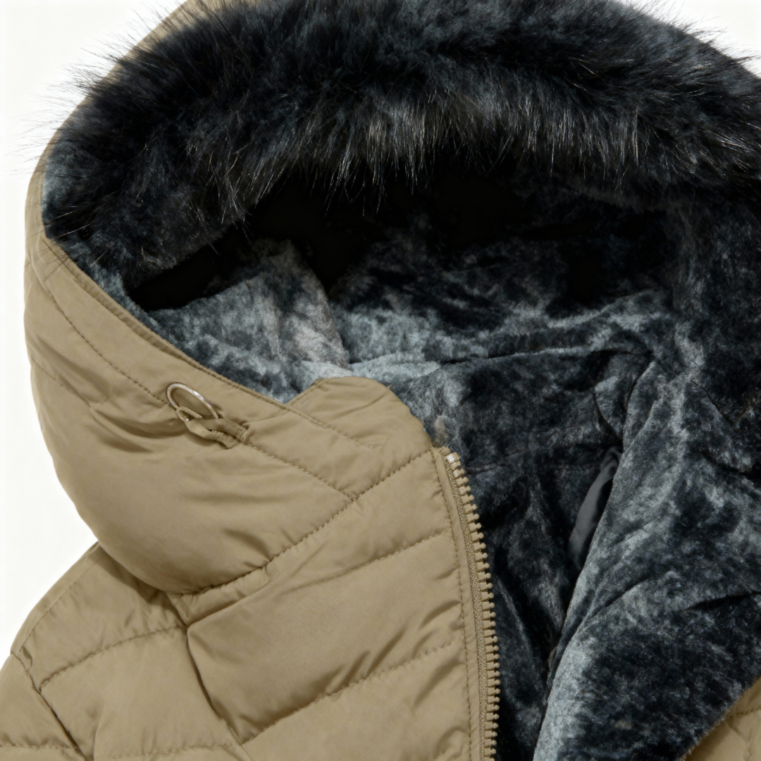 Close-up of a beige puffer jacket with a black fur-lined hood on a white background