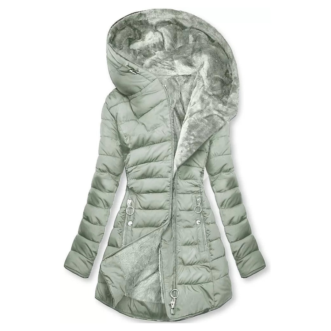 Green puffer jacket with a hood on a white background
