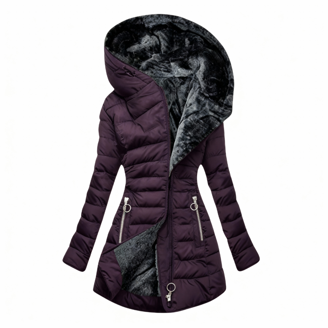 Purple puffer jacket with gray fur lining on a white background