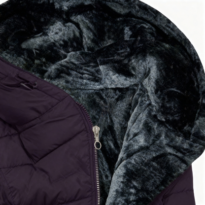 Close-up of a dark purple puffer jacket with a textured hood on a white background