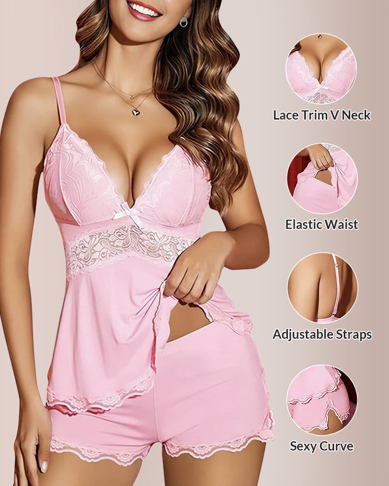 Pink lace lingerie set with detailed features on a beige background