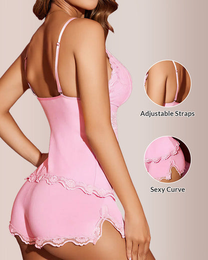 Pink babydoll dress with adjustable straps and lace details on a beige background