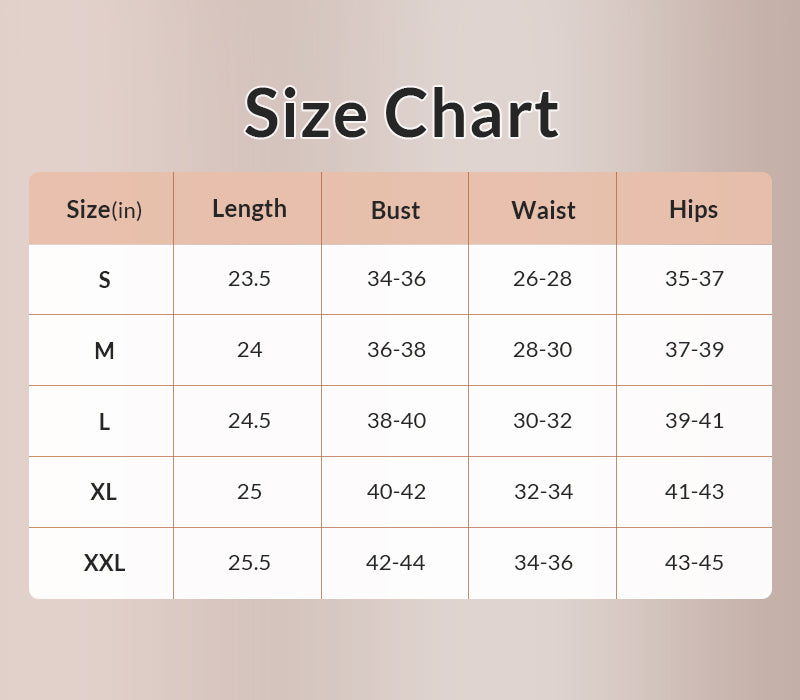 Size chart for clothing with measurements in inches and centimeters.