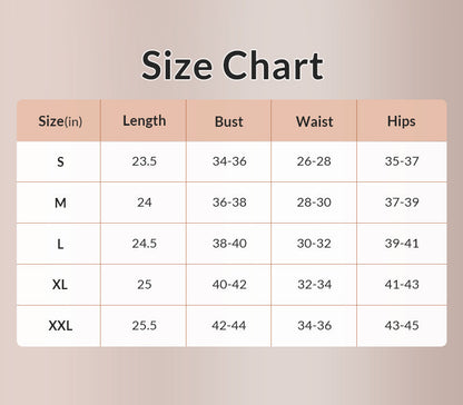 Size chart for clothing with measurements in inches and centimeters.