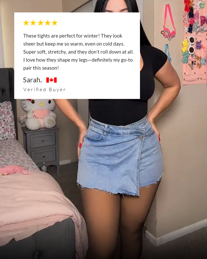 Person wearing tights with a five-star rating text overlay in a bedroom setting.