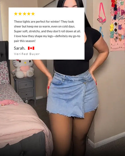 Person wearing tights with a five-star rating text overlay in a bedroom setting.