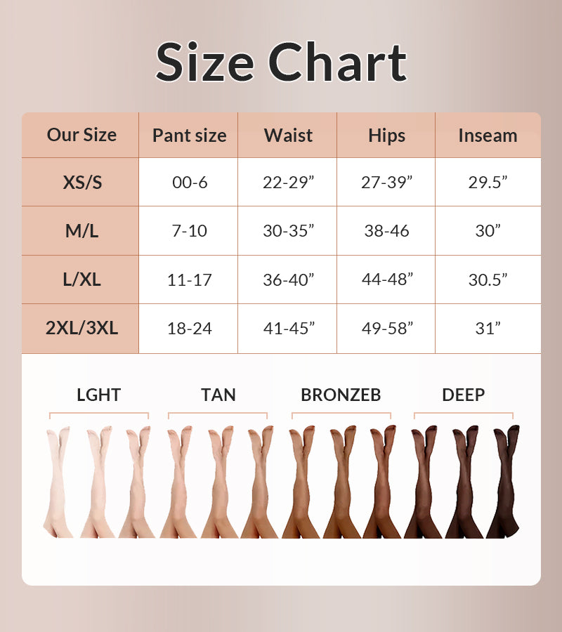 Size chart for pants with color options on a beige background