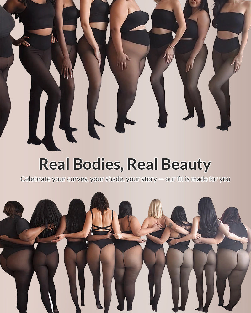 Model wearing black tights with text 'Real Bodies, Real Beauty' on a beige background