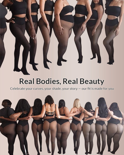 Model wearing black tights with text 'Real Bodies, Real Beauty' on a beige background