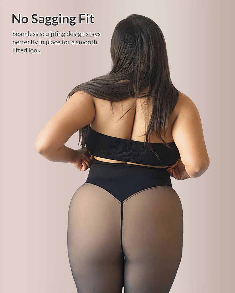 Person wearing a black bodysuit with text about 'No Sagging Fit' on a beige background